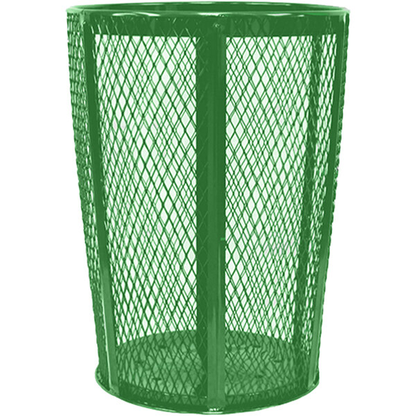 A green steel mesh round outdoor trash receptacle.