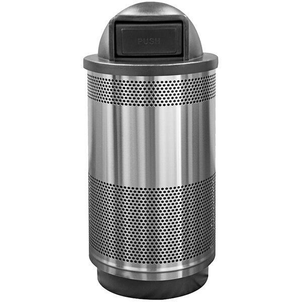 A silver stainless steel Witt Industries outdoor waste receptacle with a black push door dome top.