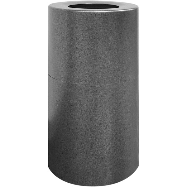 A black cylindrical Witt Industries indoor decorative waste receptacle with a hole in the top.