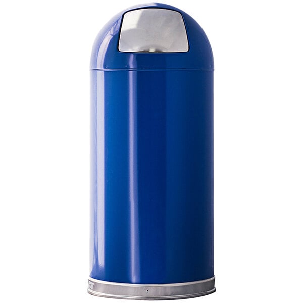 A Witt Industries blue steel round decorative waste receptacle with a dome lid on top.
