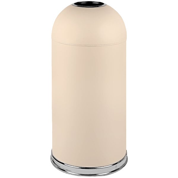 A cream colored cylindrical steel trash can with a silver metal dome lid.