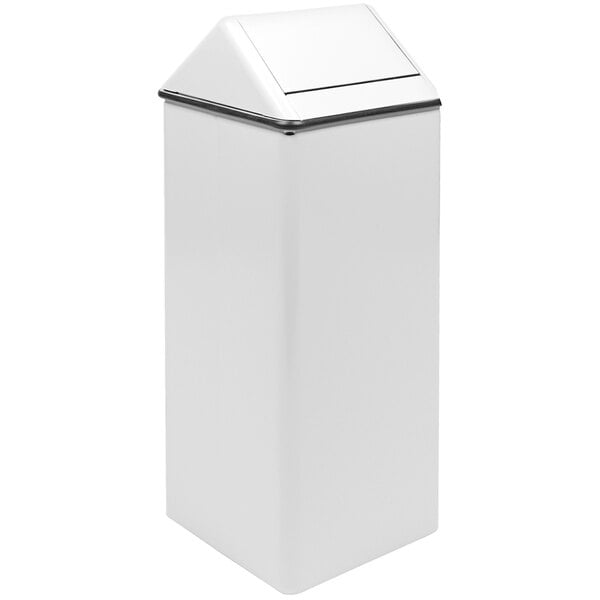 A white rectangular steel waste receptacle with a swing top lid.