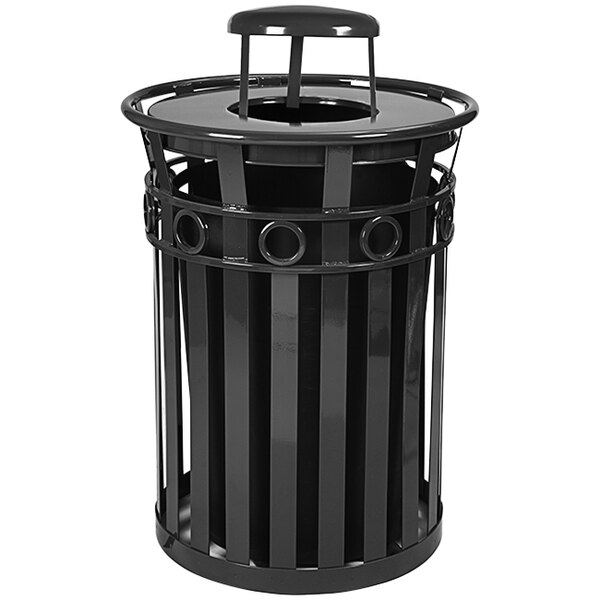 A Witt Industries black steel round outdoor trash can with rain cap lid and ring accent band.