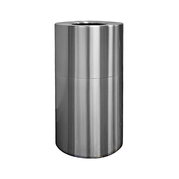 A silver cylindrical Witt Industries decorative waste receptacle with a hole in the top.