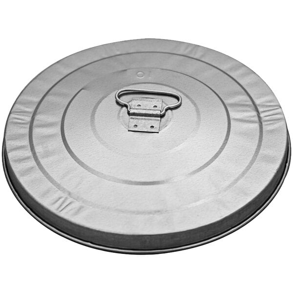 A round galvanized metal lid with a metal handle and latch.