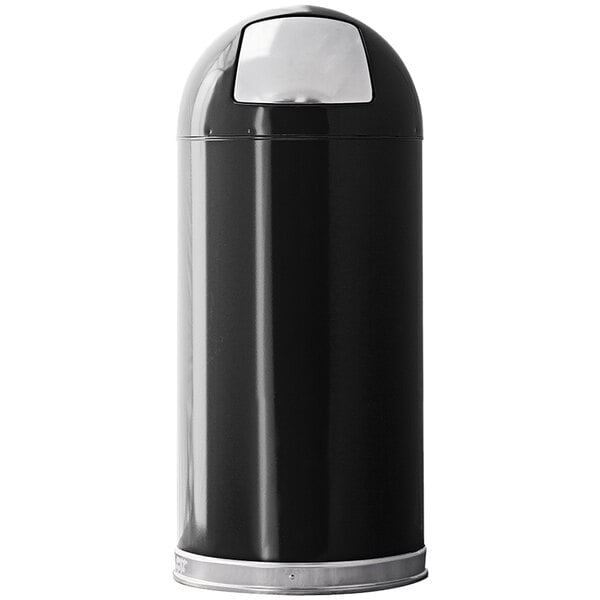 A black Witt Industries decorative trash can with a dome lid.