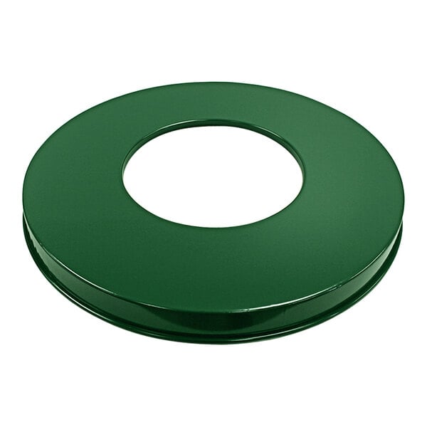 A green circular steel lid with a hole in the middle.