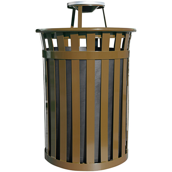 A brown trash can with a brown and black top.