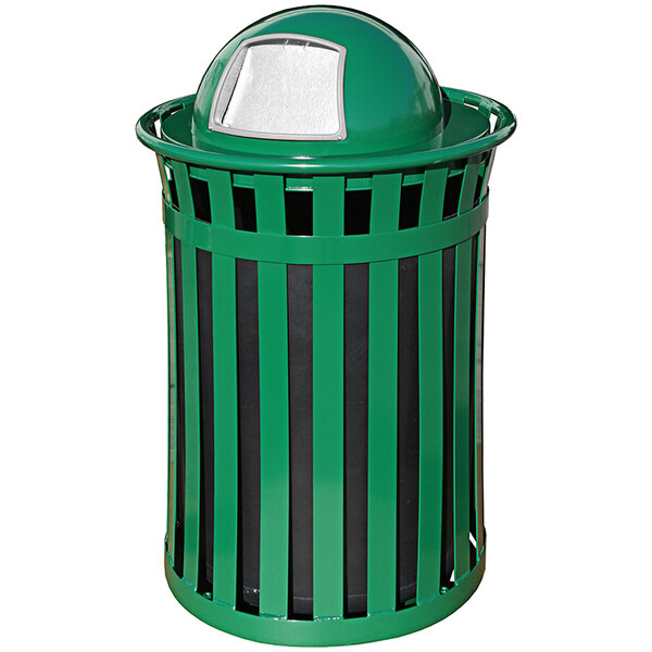 A green steel Witt Industries Oakley outdoor trash can with a dome top lid.