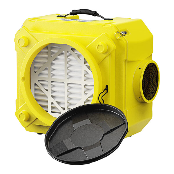An AlorAir yellow air scrubber with a black lid and tray.