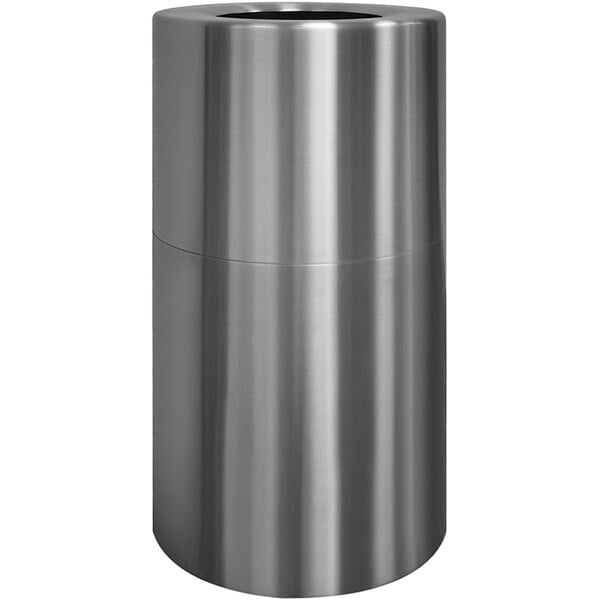 A Witt Industries aluminum decorative trash can with a black lid.