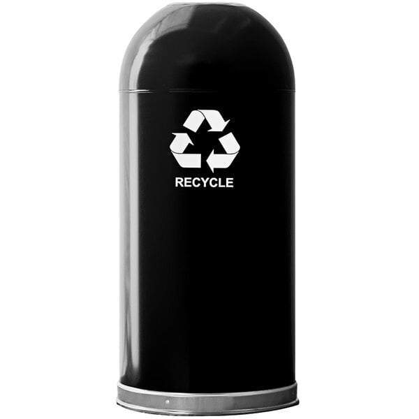 A black Witt Industries decorative recycling receptacle with white recycle symbol.