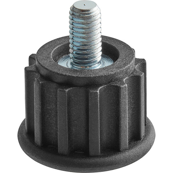 A black plastic nut with a bolt on a table.