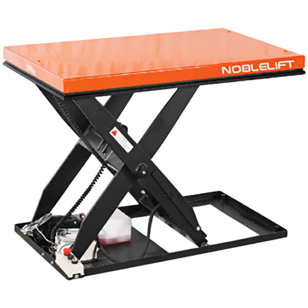 An orange Noblelift electric scissor lift table with black legs and a rectangular platform.