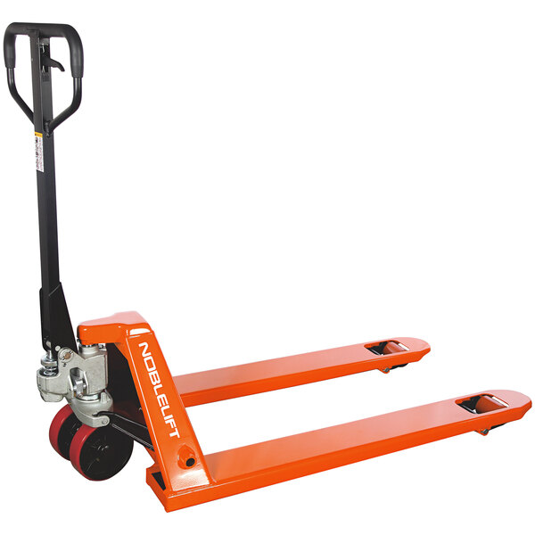 A white Noblelift orange hand pallet truck with black handle.