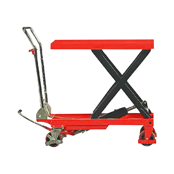 A red and black Noblelift mobile single scissor lift table with a lock.