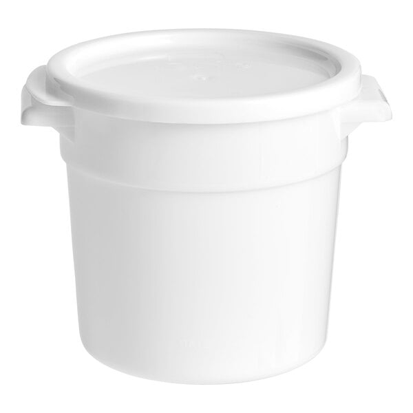 A white plastic container with a lid for a Baker's Dough Scale Counterweight.