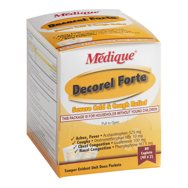 A box of Medique Decorel Forte cough and cold relief caplets.