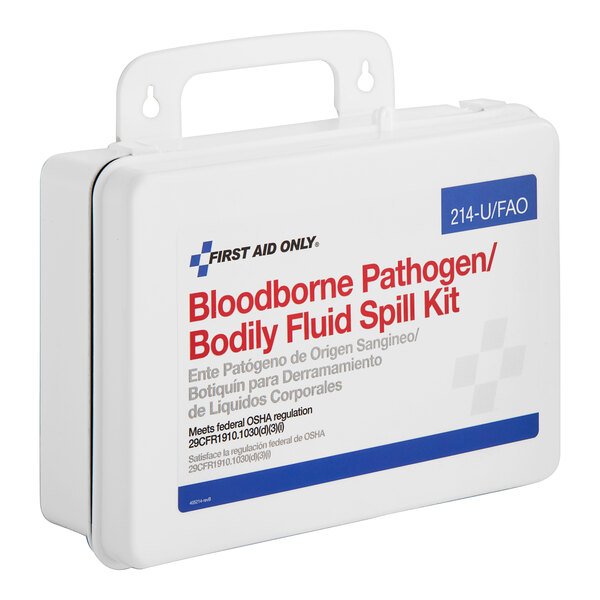 A white First Aid Only bloodborne pathogen and bodily fluid spill clean-up kit in a white plastic case with red and blue text.