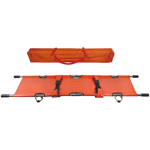 A red stretcher with black handles in a case.