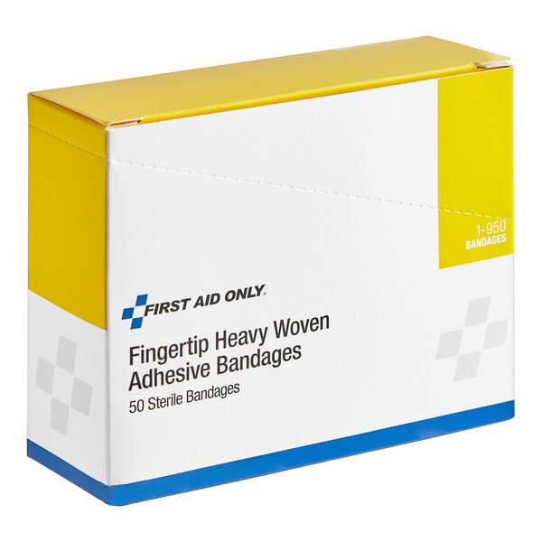 A white and yellow First Aid Only box of 50 heavy woven fabric fingertip bandages.