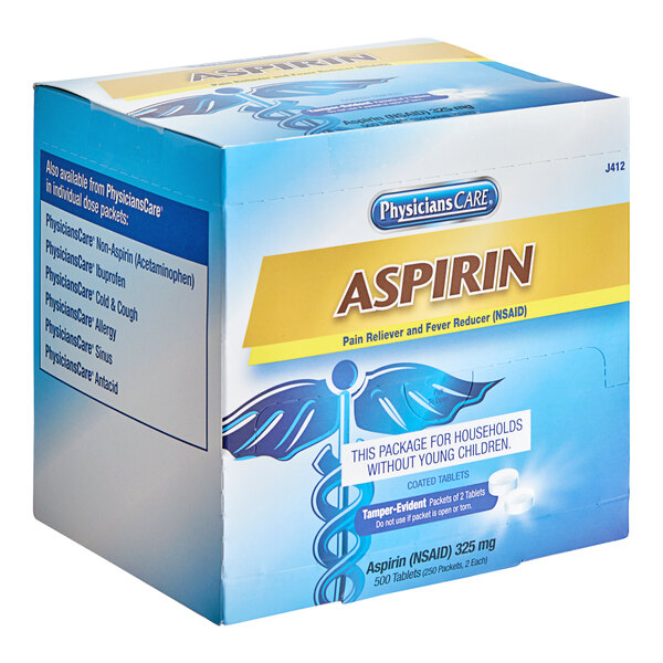 A box of PhysiciansCare aspirin tablets.