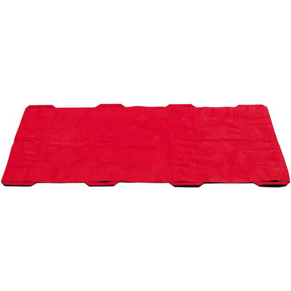 A red collapsible stretcher with black straps.