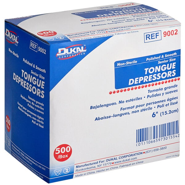 A white and blue First Aid Only box of 500 tongue depressors.