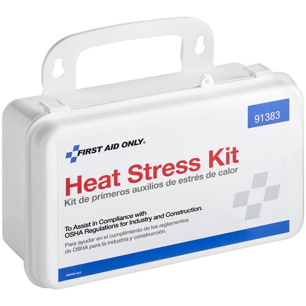 A white First Aid Only heat stress kit with blue text and a handle.