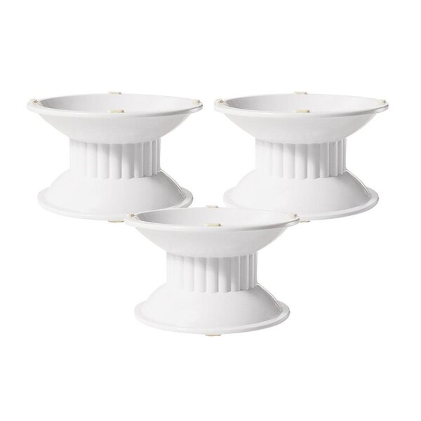 Three white melamine pedestals with a circular base.