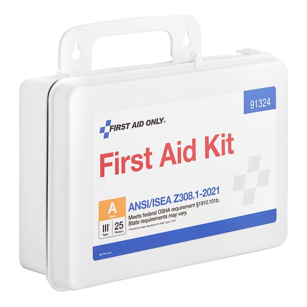 A white First Aid Only 25-person first aid kit with a handle.