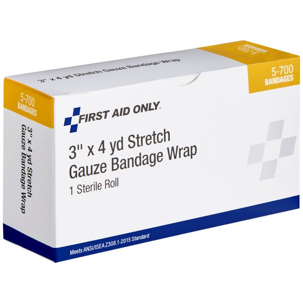 A white and blue First Aid Only box of sterile stretch gauze.