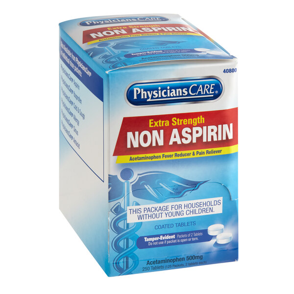 A box of PhysiciansCare Extra Strength Non-Aspirin Acetaminophen Tablets on a white background.