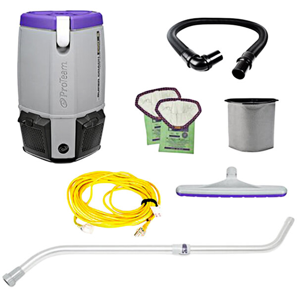 A ProTeam backpack vacuum with a hose, telescoping wand, and floor tool.