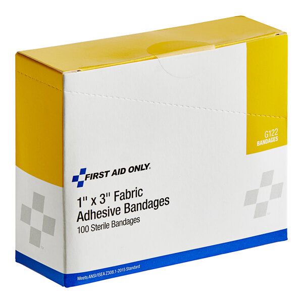 A white and yellow First Aid Only box of 100 fabric adhesive bandages.
