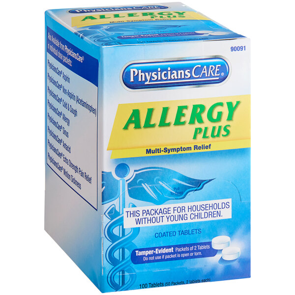 A box of PhysiciansCare Allergy Plus Multi-Symptom Relief tablets.