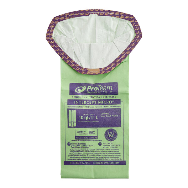 A green and purple ProTeam vacuum filter bag with purple text.