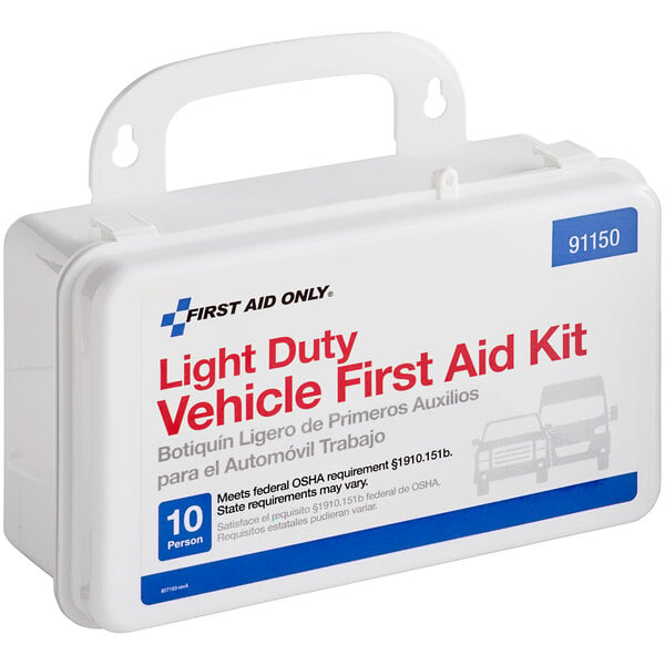 A white First Aid Only light duty vehicle first aid kit with blue and red text.