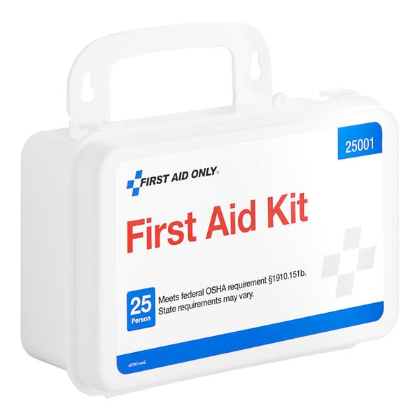 A white First Aid Only first aid kit with a blue lid.