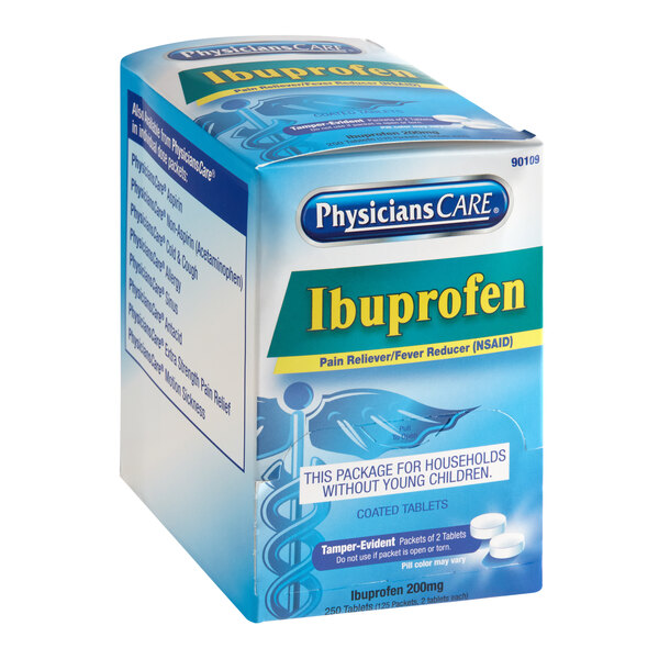 A blue and white box of PhysiciansCare Ibuprofen Tablets on a table.