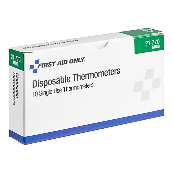 A white First Aid Only box with blue and green text containing 10 disposable thermometers.