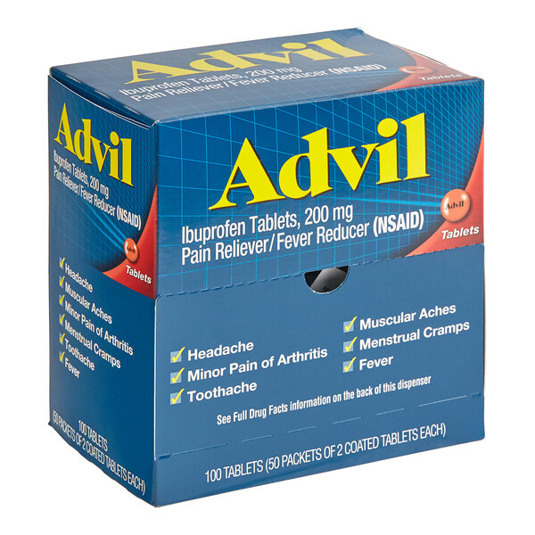 A box of 100 Advil ibuprofen tablets on a table.
