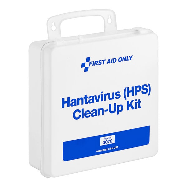 A white First Aid Only plastic case with blue text reading "Hantavirus (HPS) Spill Clean-Up Kit" containing 17 pieces.