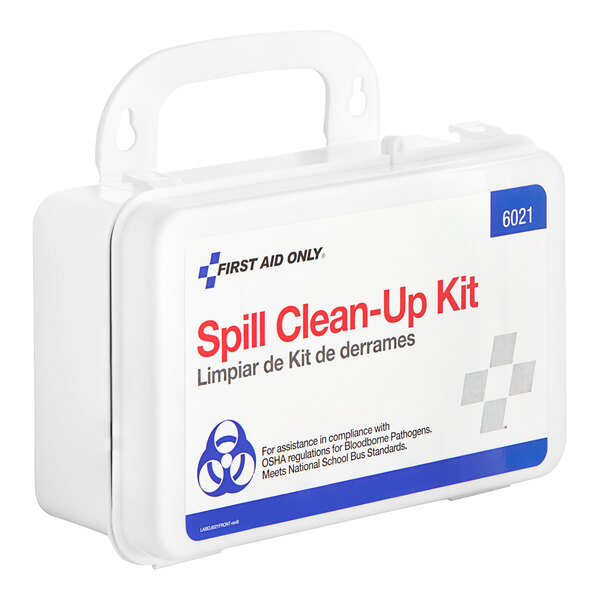 A white plastic container with a blue and red label for First Aid Only Bloodborne Pathogen Spill Clean-Up Kit.