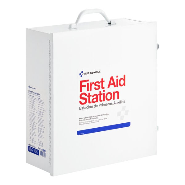 A white First Aid Only three-shelf cabinet.