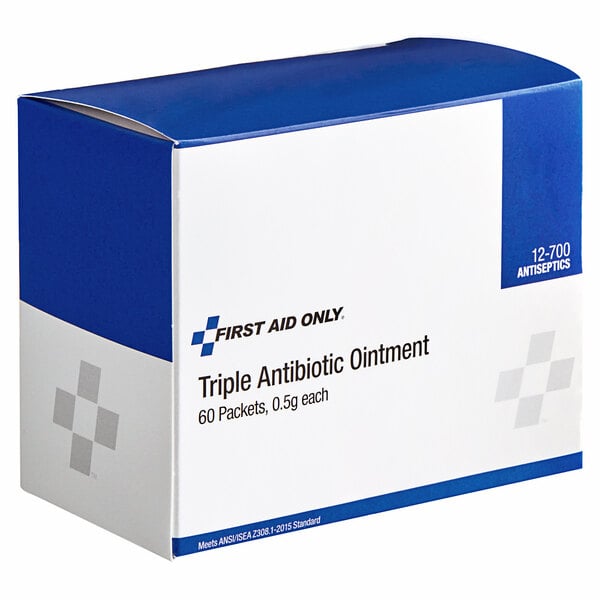 A blue and white First Aid Only box of 60 triple antibiotic ointments.