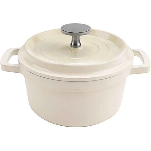 A white GET Heiss round Dutch oven with a lid and handle.