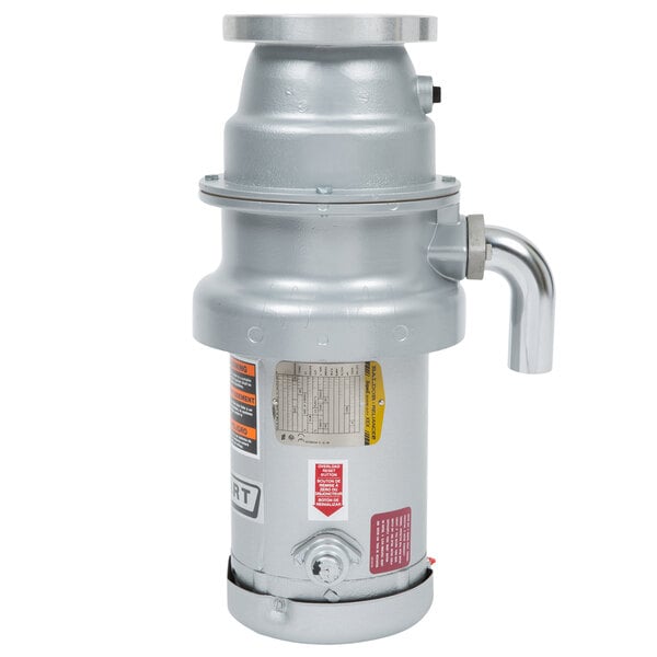 A close-up of a stainless steel Hobart commercial garbage disposer with a short grey cylinder and handle.
