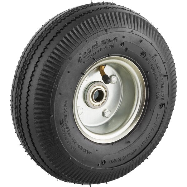 A black wheel with a silver rim and black tire.