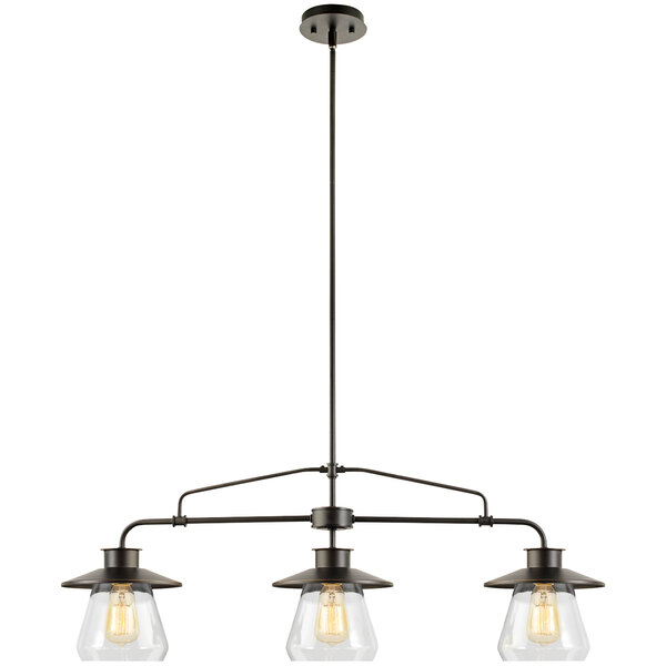 An oil-rubbed bronze Globe pendant light fixture with three glass shades over light bulbs.